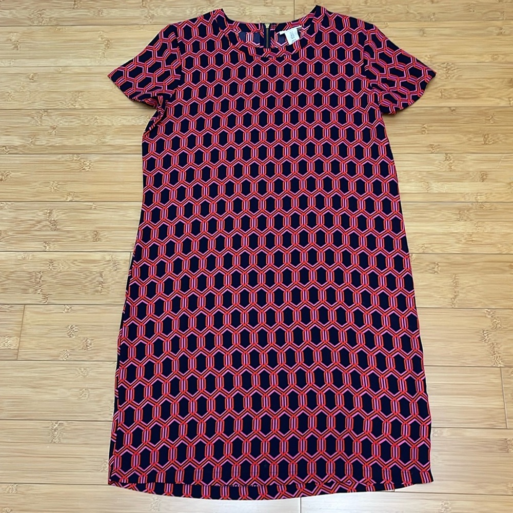 NWOT Adrienne Vittadini Navy Blue Pink Red Hexagon Geometric Shift Dress 4